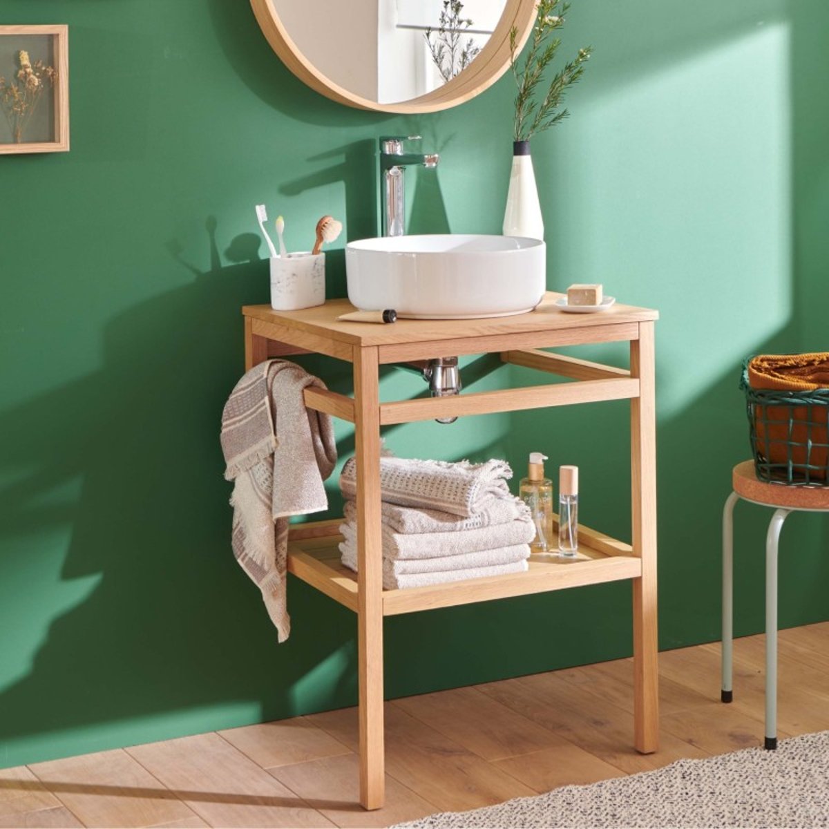 Meuble simple 60cm chêne vasque ronde blanche et robinet HOPP couleur unique, MOB IN