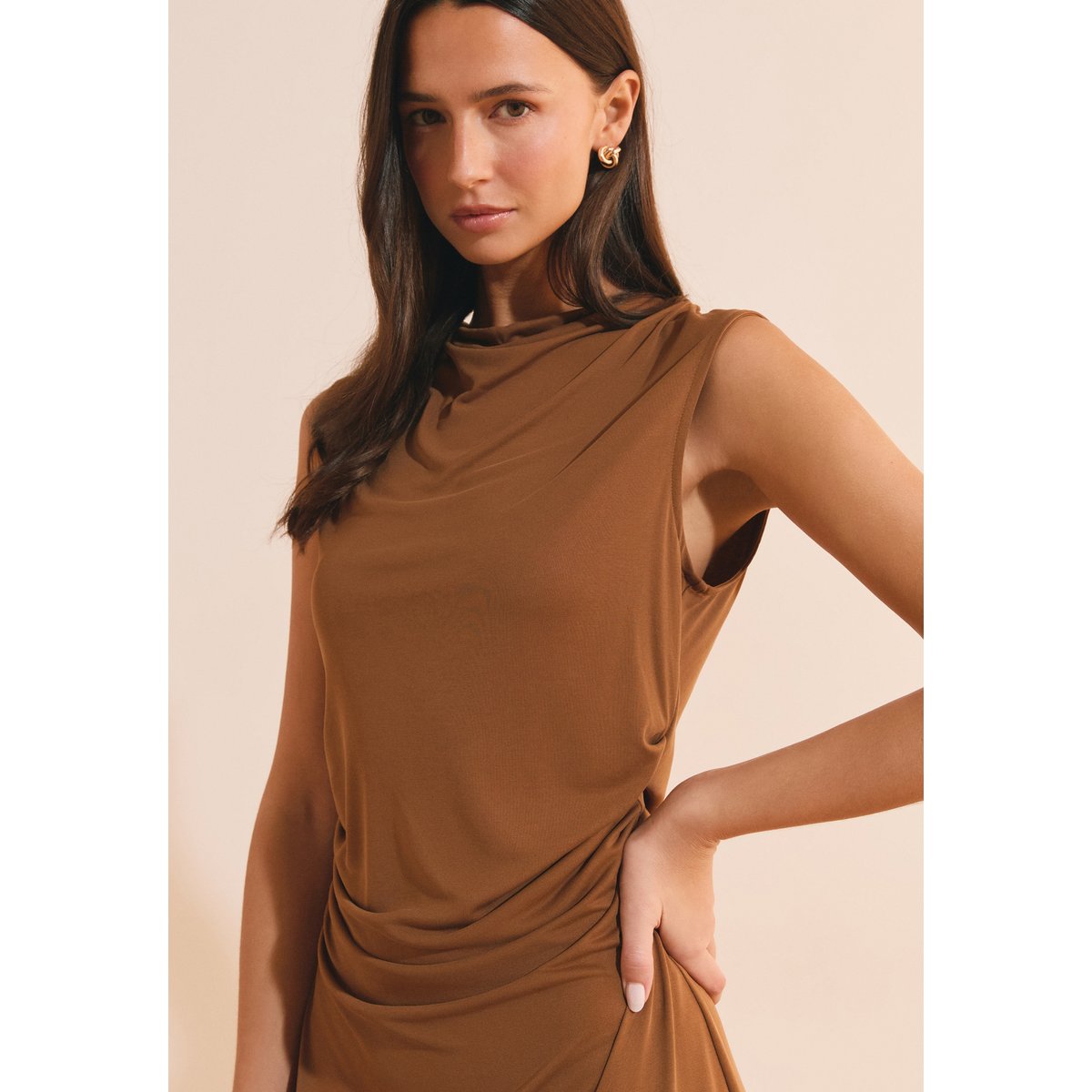 Robe longue drapée REVA marron, ETAM