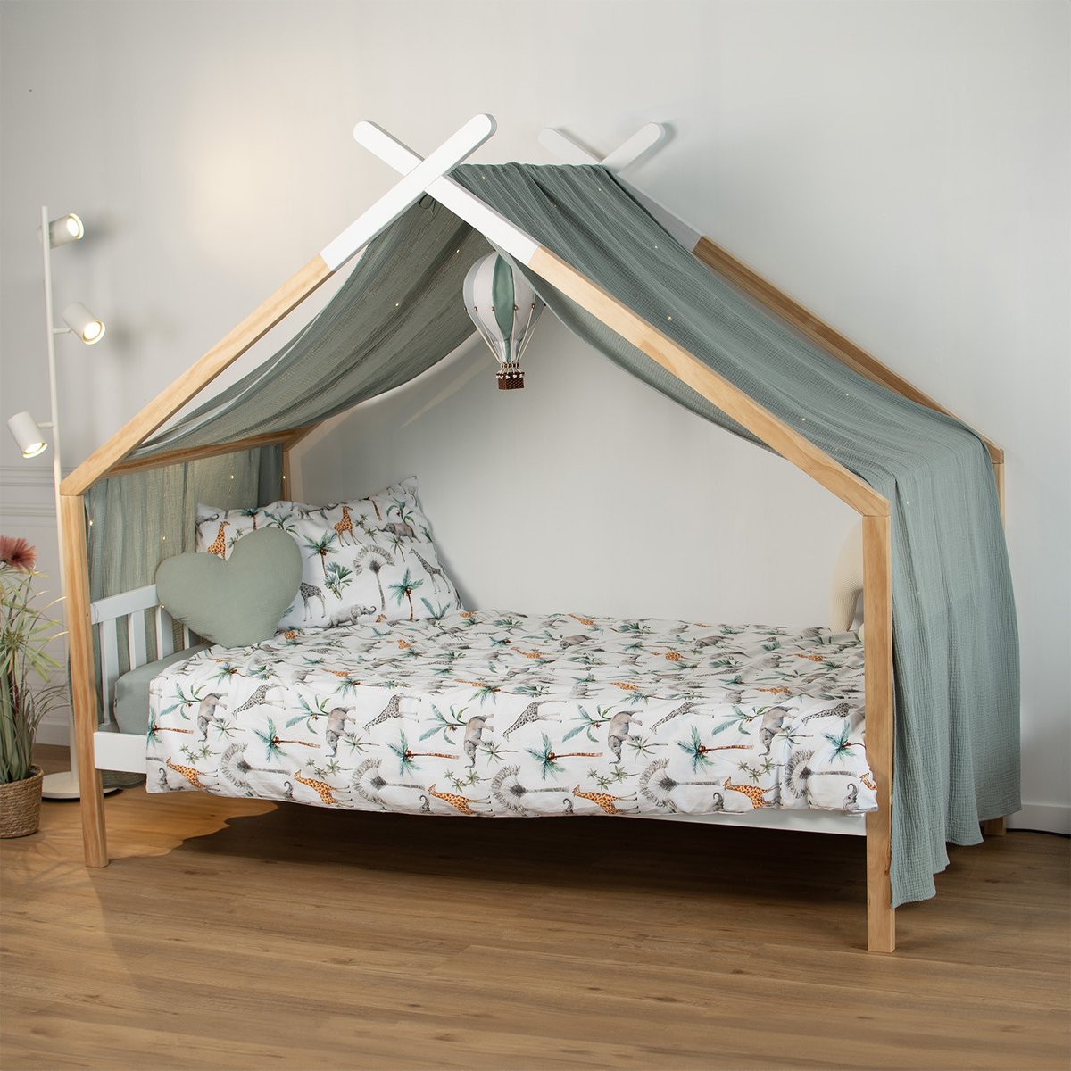 Housse de couette réversible en satin de coton SAFARI safari, vert, gris, blanc, SEVIRA KIDS