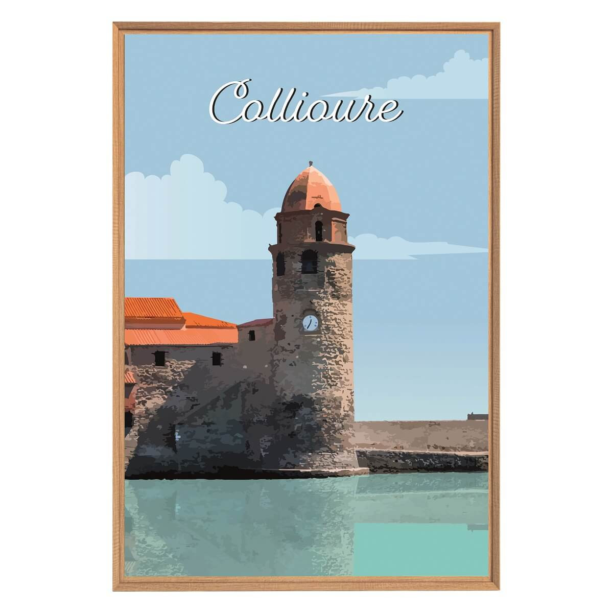 Tableau Mural Illustration Clocher De Collioure ARCHITECTURE bleu-fibres de bois, CEANOTHE