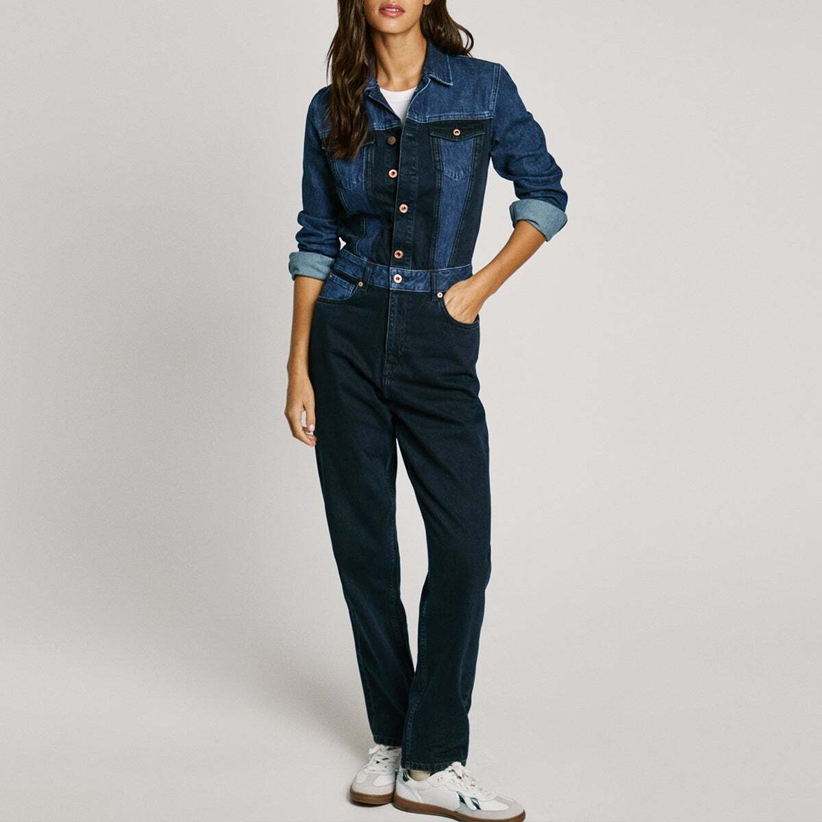 Combinaison Longue En Denim Bicolore 11oz blue black rigid denim, PEPE JEANS