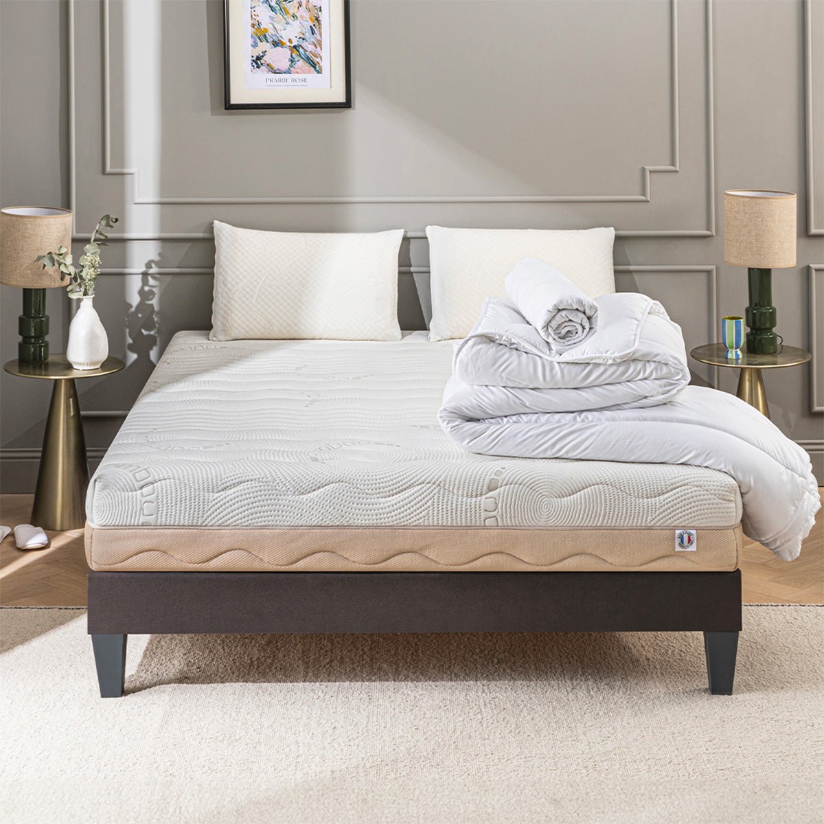 Pack Leman 90x190 cm Matelas Mousse + Sommier Bois + Accessoires blanc, BELLECOUR