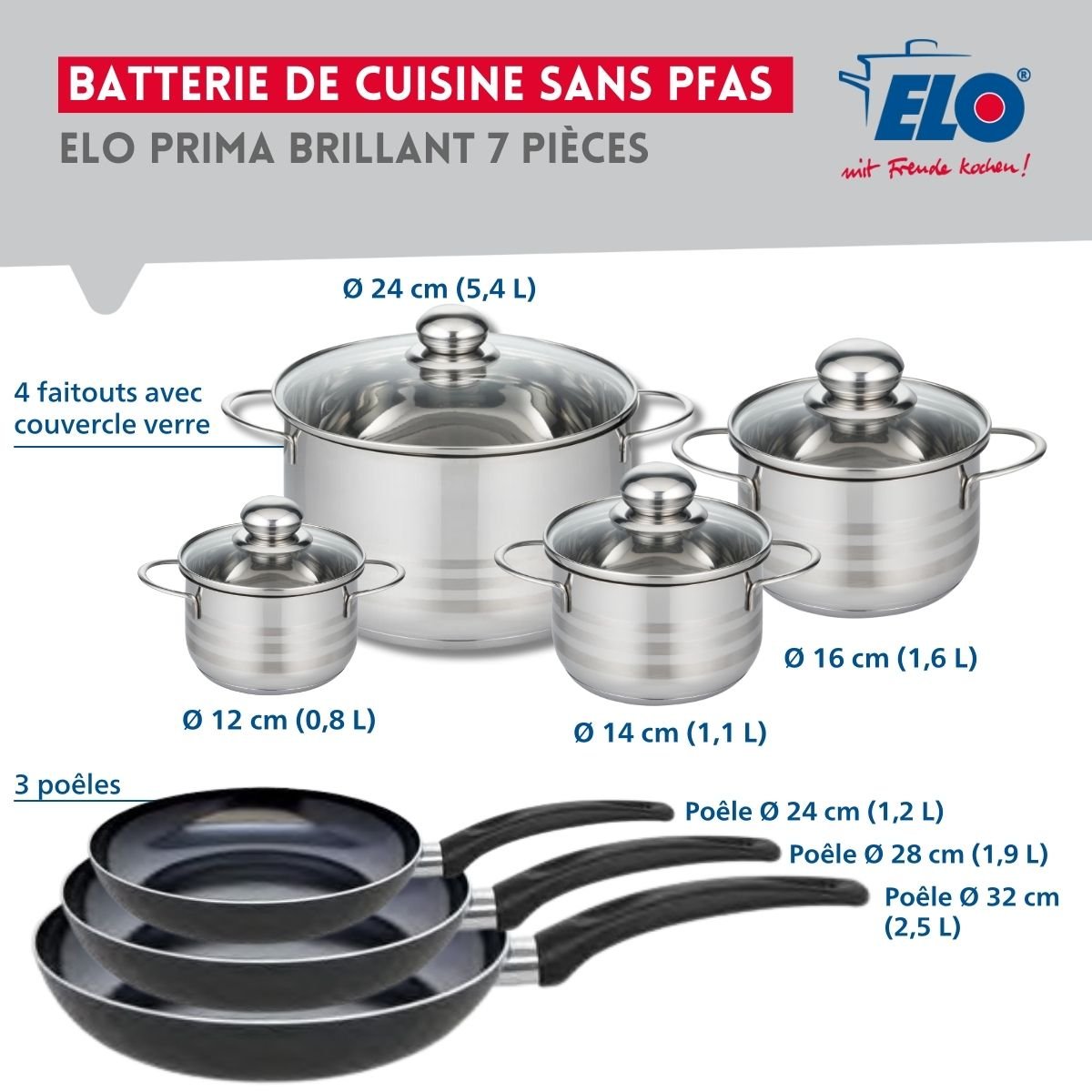 3 poêles 24/28/32cm + 4 faitouts 12/14/16/24cm PRIMA BRILLANT noir, ELO