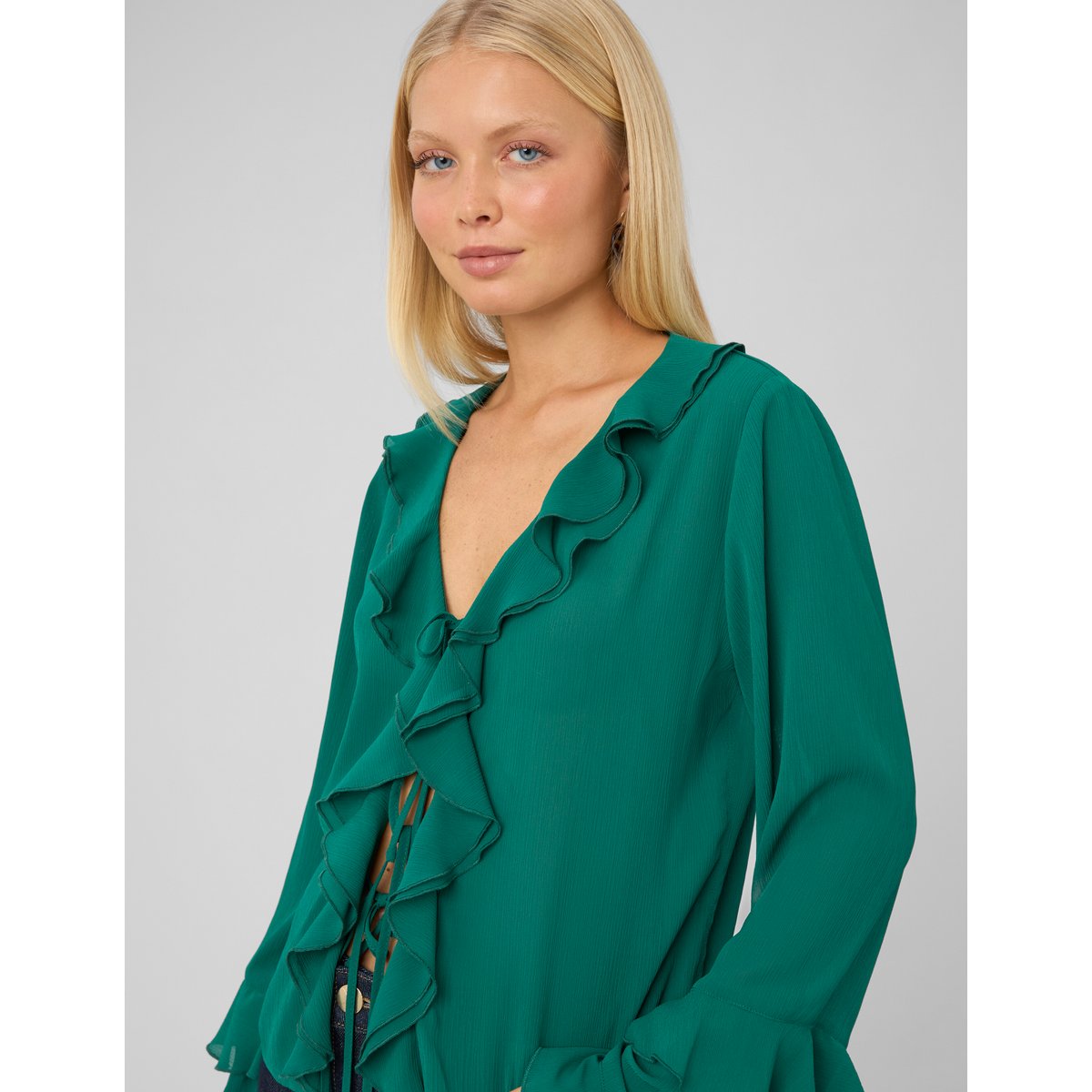 Blouse volantée manches longues vert, BZB