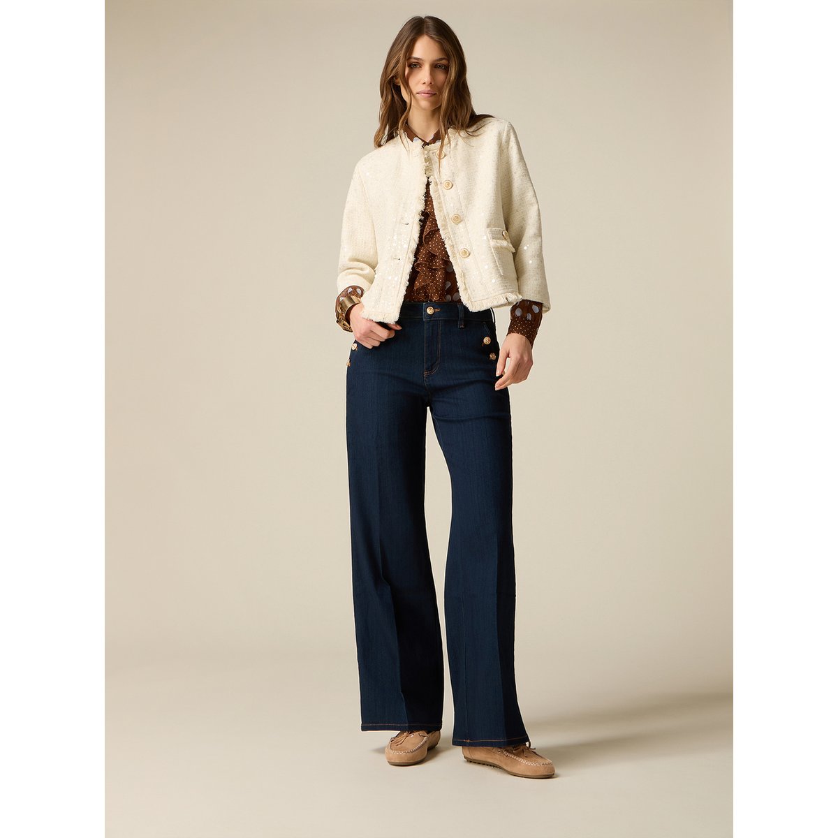 Jean palazzo avec boutons décoratifs bleu, OLTRE