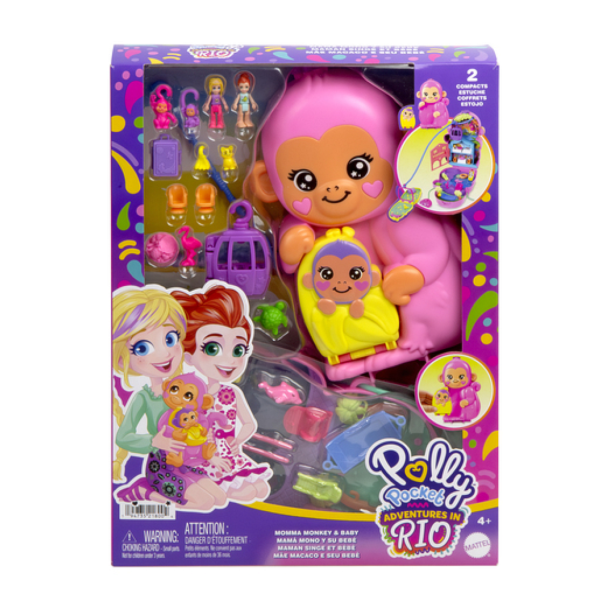 Polly Pocket Coffret Maman Singe et Son Bébé jaune, MATTEL