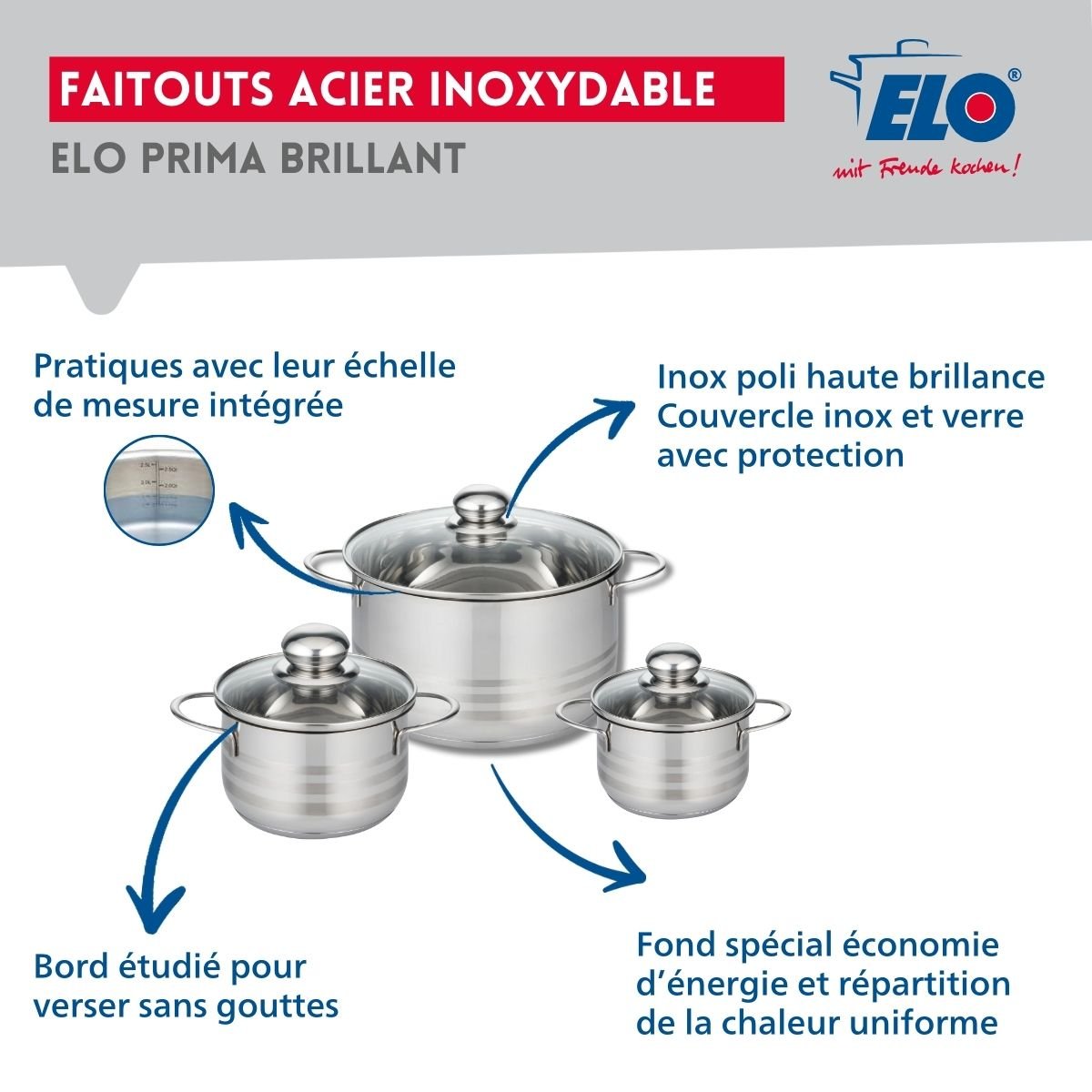 Batterie 1 poêle 28cm + 3 faitouts 12/14/20cm PRIMA BRILLANT noir, ELO