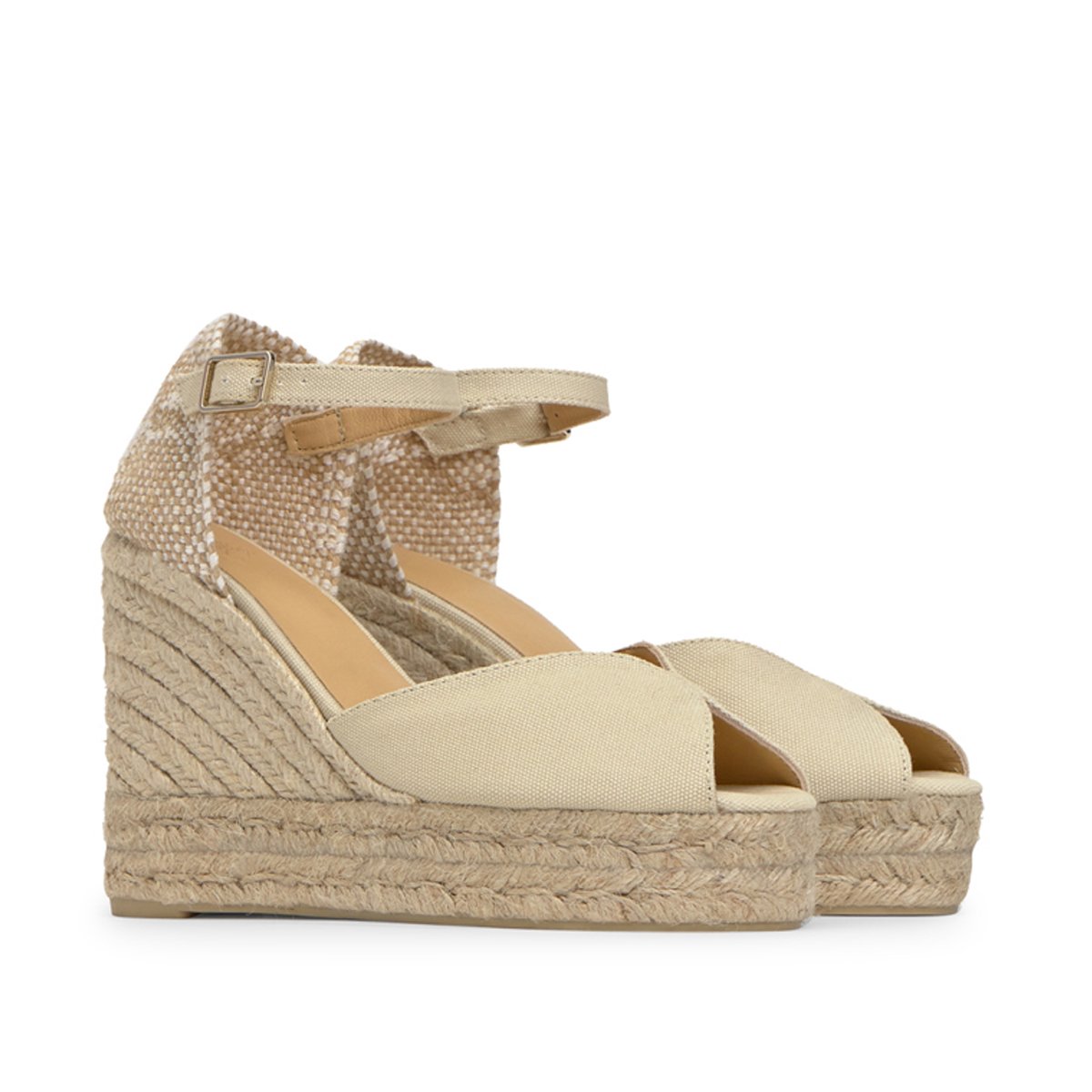 Sandales compensées en coton bio et jute tressée à bride cheville BIANCA EXTRA PLATFORM ivoire, CASTANER