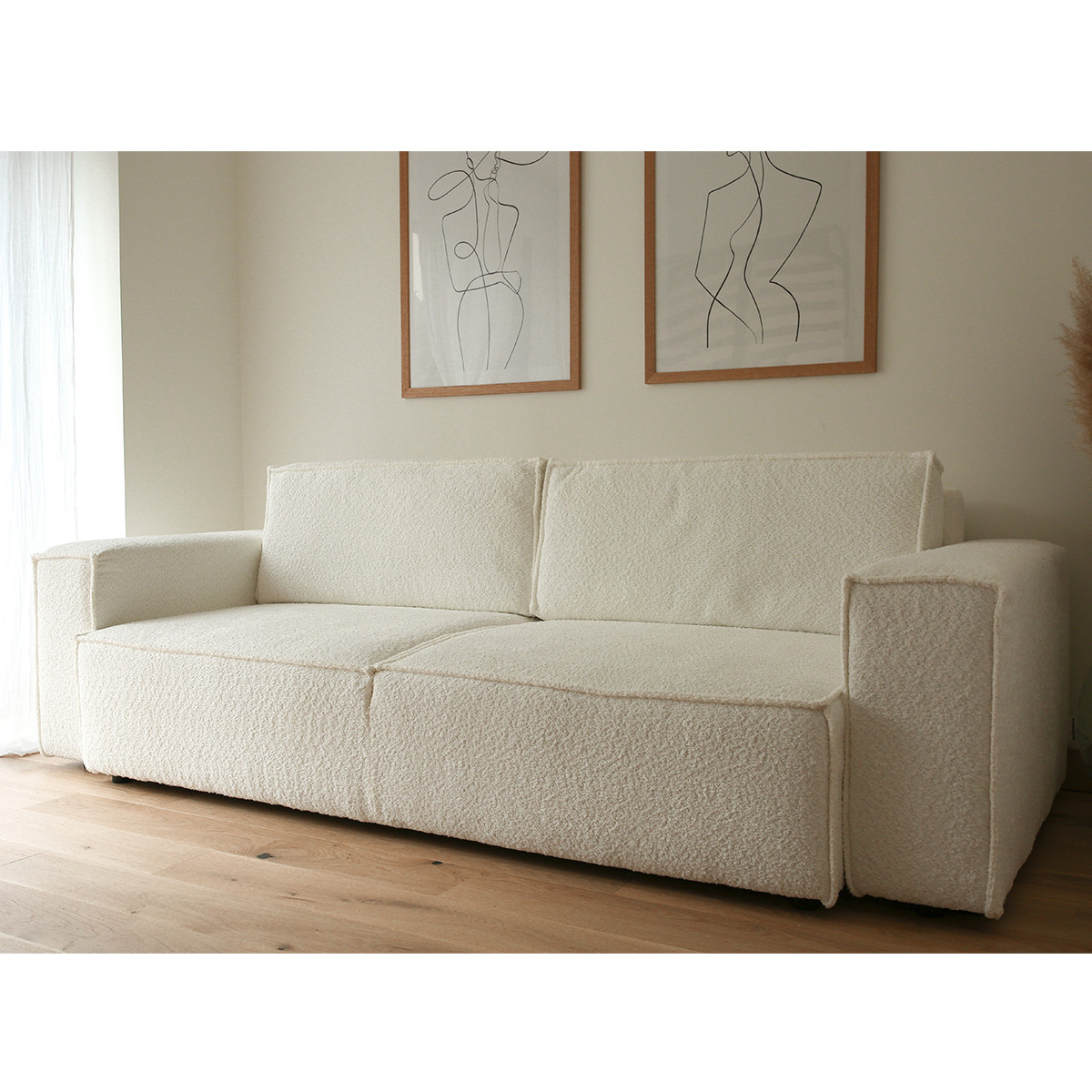 Canapé convertible 3 places en tissu bouclette - HARPER ecru, HOMIFAB