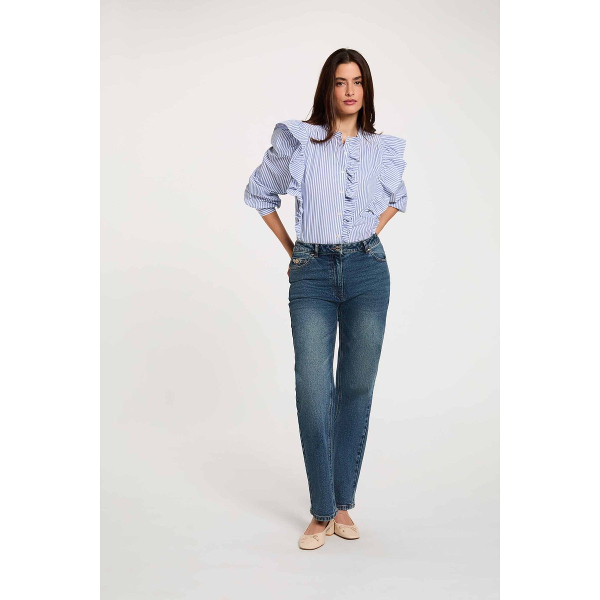Chemise rayée col mao bleu ciel, MORGAN