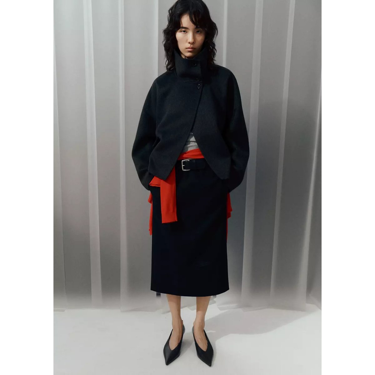 Veste laine col cheminée gris chiné foncé, MANGO