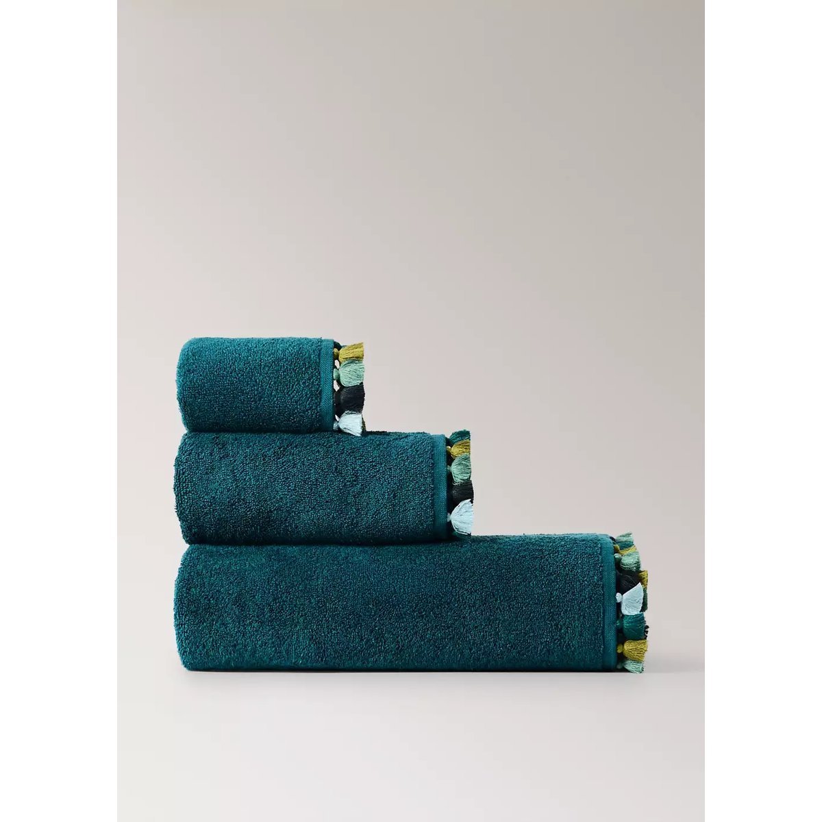 Serviette de toilette coton bouclette pompons bleu pétrole, MANGO HOME