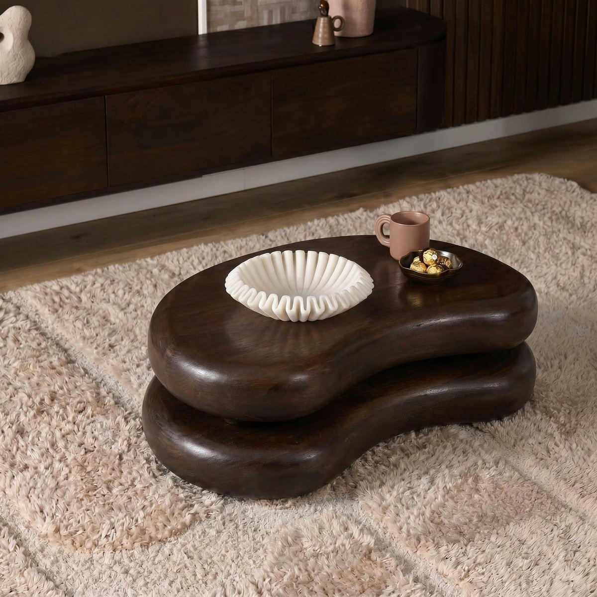 Table basse bois brun double plateau design organique ALMA marron, PIER IMPORT