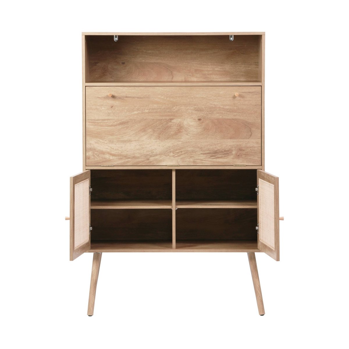 Bureau secrétaire décor bois et cannage 2 portes BOHÈME naturel, SWEEEK