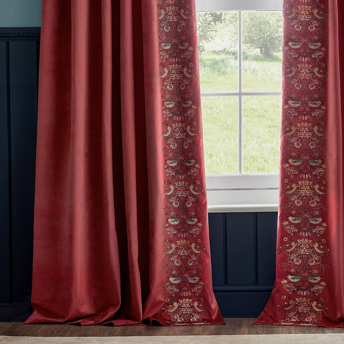 Strawberry Thief Embroidered Pencil Pleat Curtains berry, MORRIS & CO.
