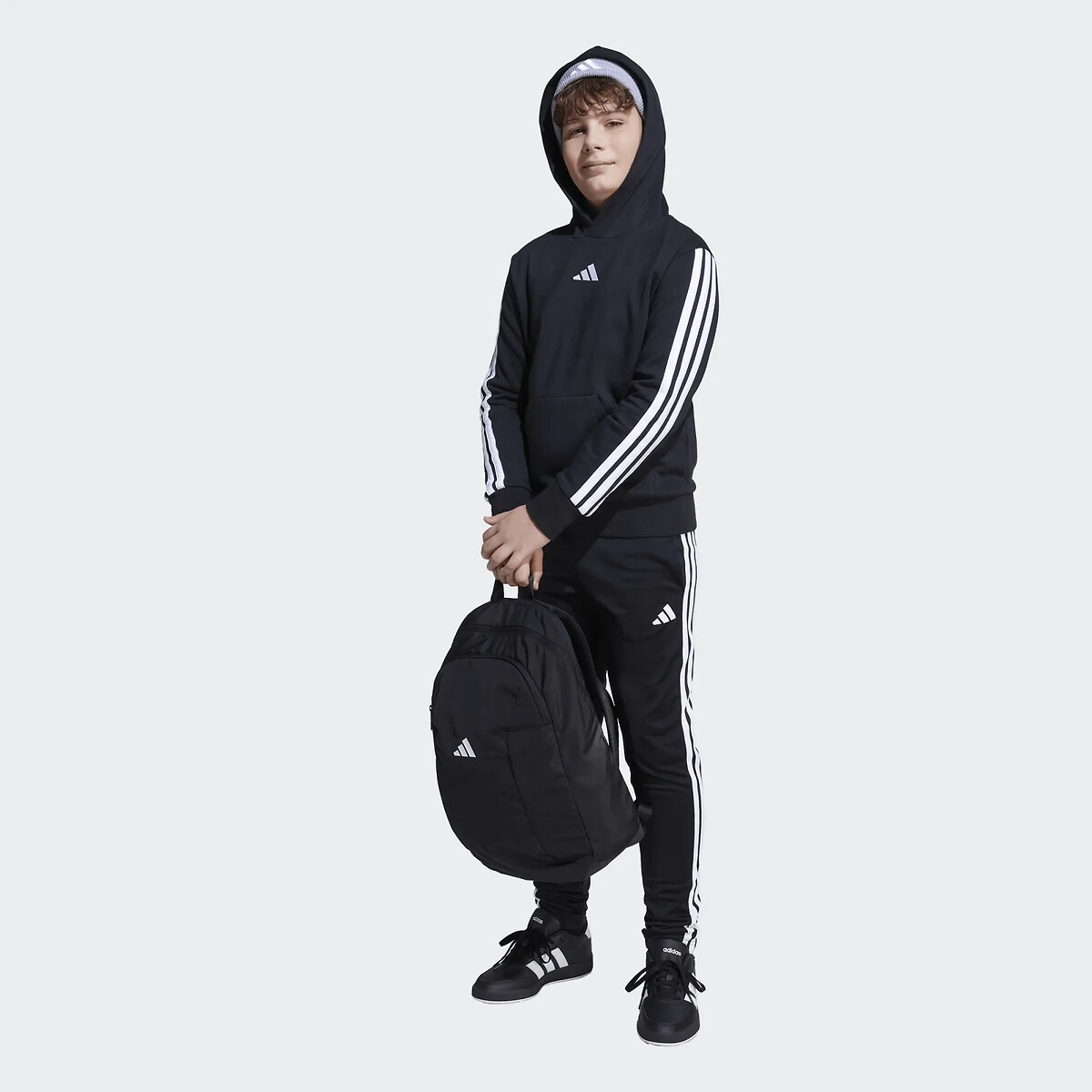 Felpa con cappuccio in tessuto garzato, 3 bande, ESSENTIALS nero , adidas Performance