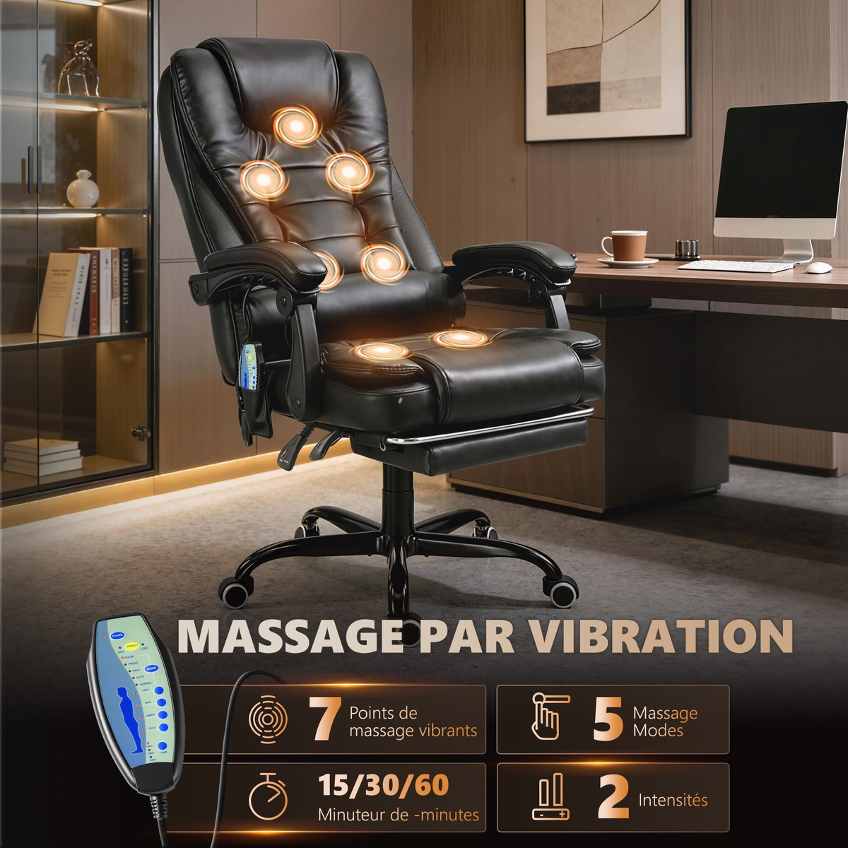 Fauteuil de bureau avec fonction massage noir, HOMCOM
