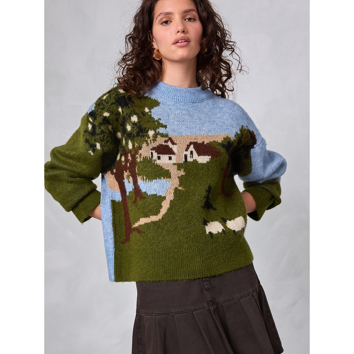 Pull ras du cou imprimé paysage vert multi, NEXT