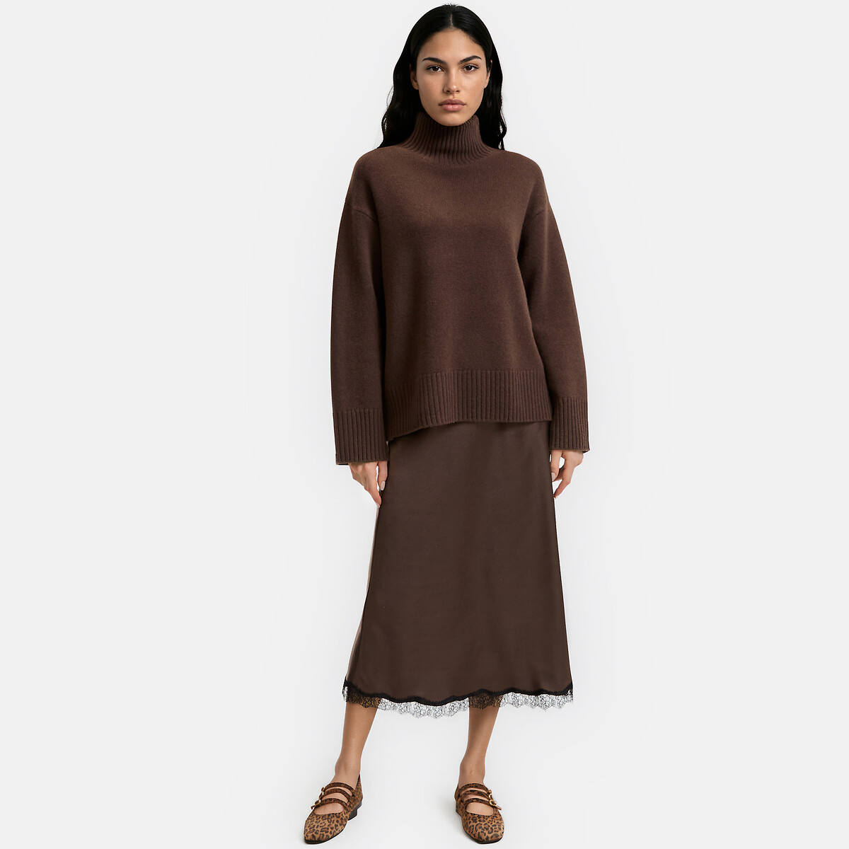 Jersey de cuello alto de lana, punto grueso marrón, LA REDOUTE COLLECTIONS