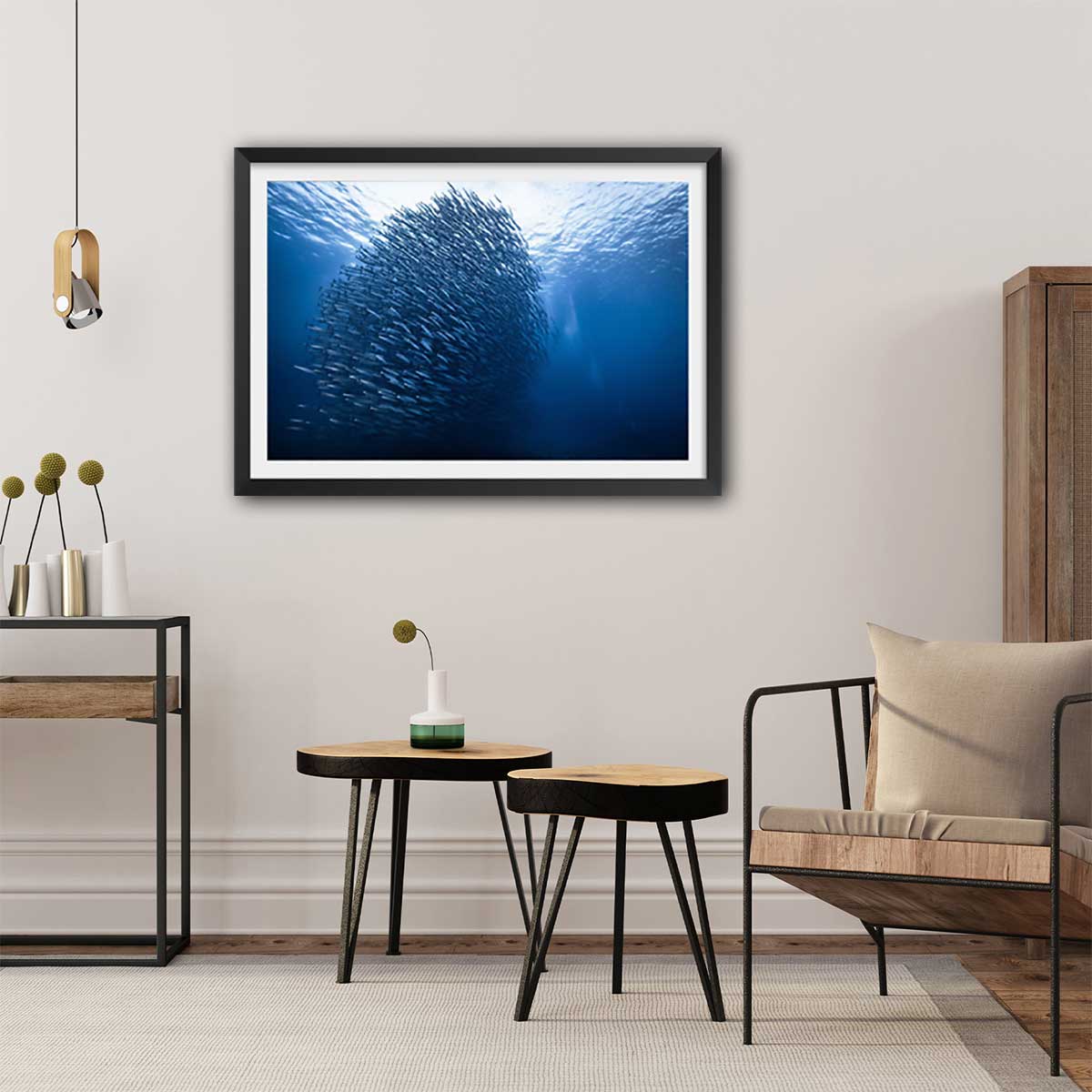 Affiche Masse bleue affiche + cadre en bois - noir, HEXOA