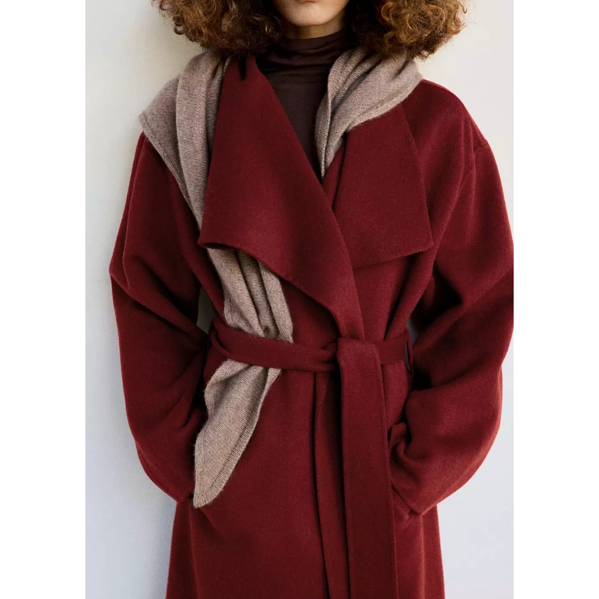 Manteau laine ceinture rouge, MANGO