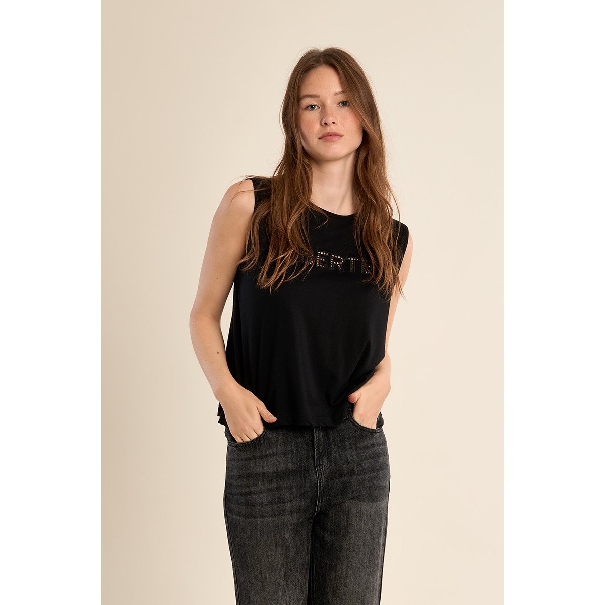 T-shirt ajouré "Liberté" noir, MOLLY BRACKEN