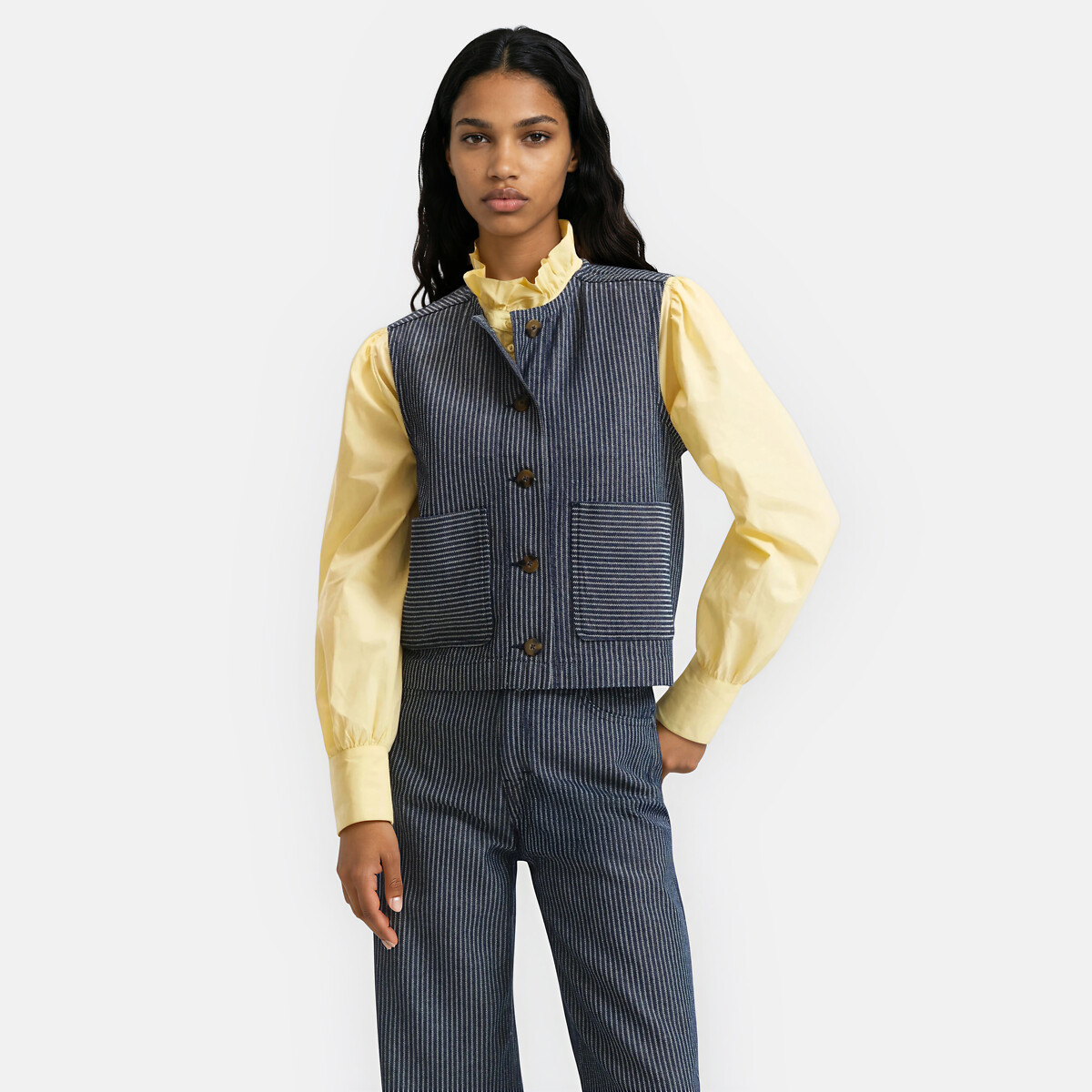 Veste sans manches, coupe droite, denim à rayures rayé bleu marine/blanc, LA REDOUTE COLLECTIONS