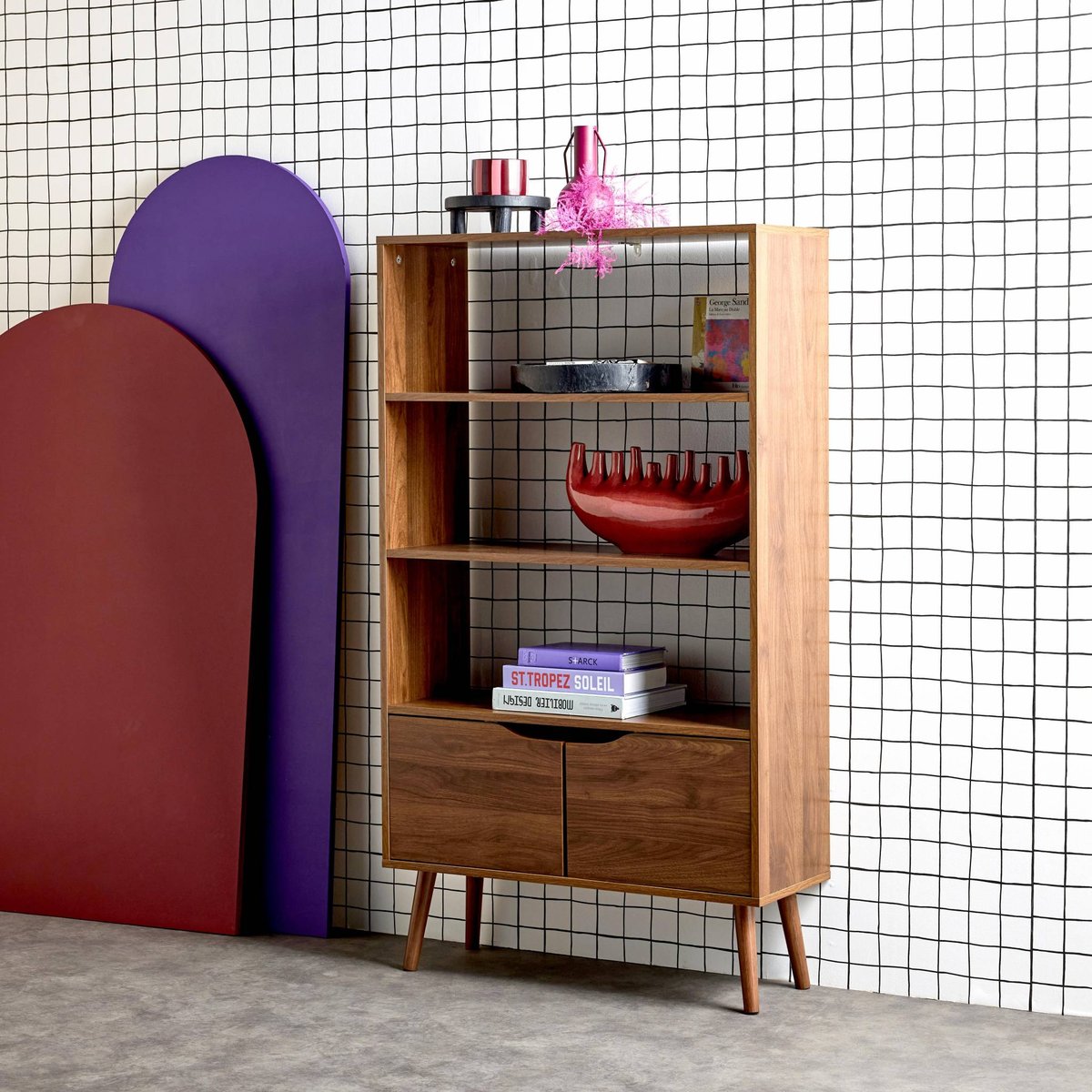 Etagère bibliothèque décor bois de noyer 2 portes 3 niveaux NEPAL noyer, SWEEEK