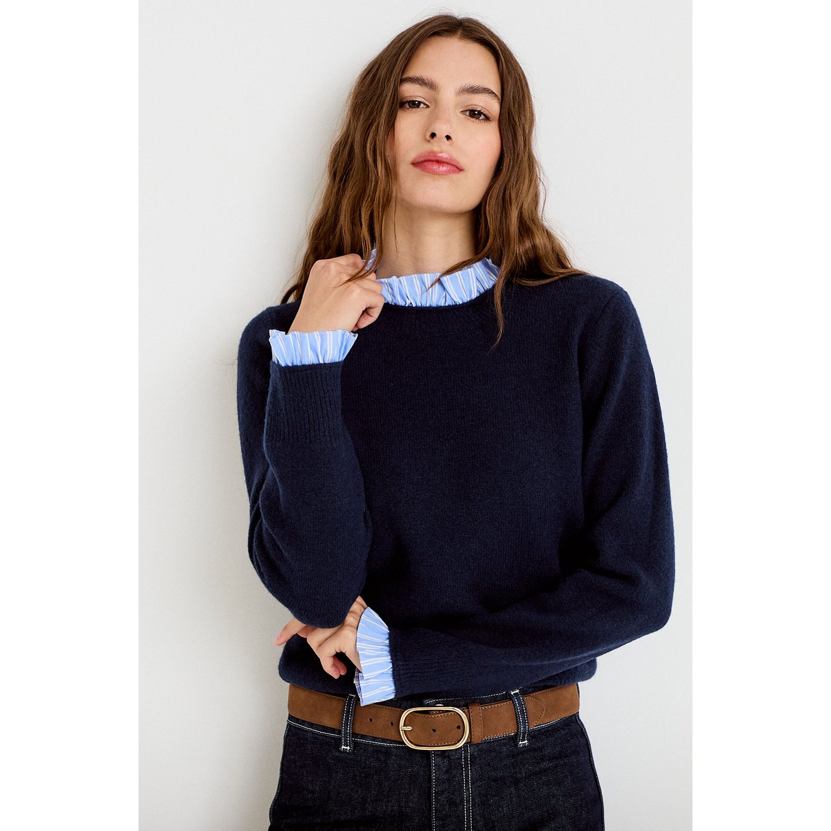 Pull col chemise manches longues bleu marine, CACHE CACHE