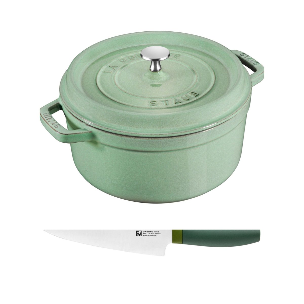 Cocotte 26 cm, Sauge, Fonte + Couteau de Chef 14 cm Vert couleur unique, STAUB
