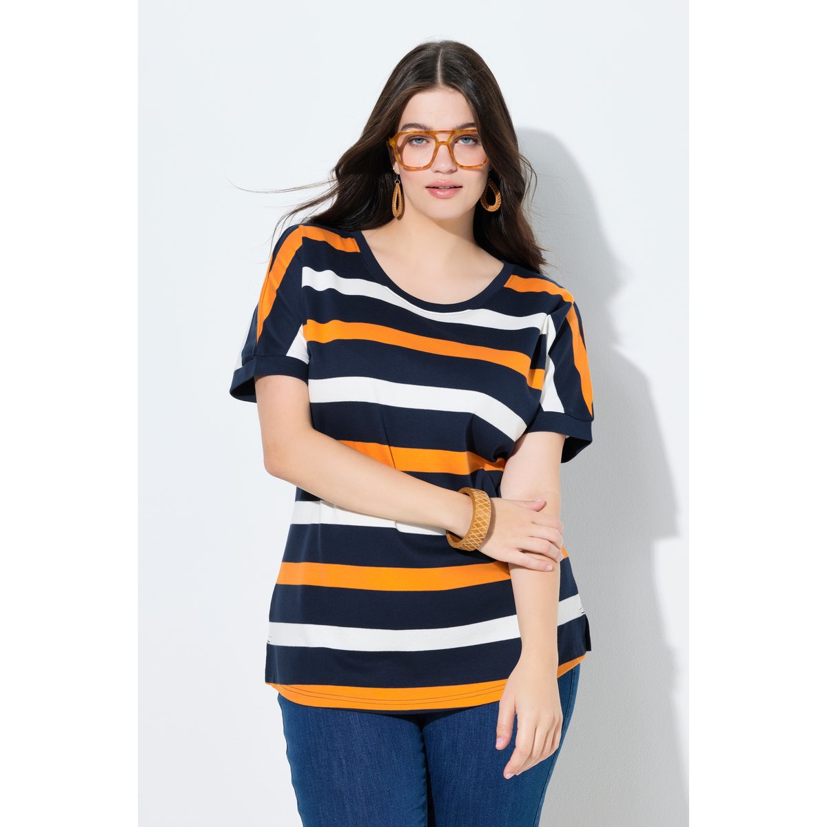 T-shirt en coton bio à rayures marine, ULLA POPKEN