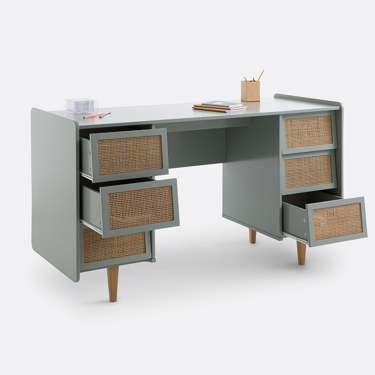 Kaya 6-Drawer Desk with 2 Cabinets light khaki green, LA REDOUTE INTERIEURS