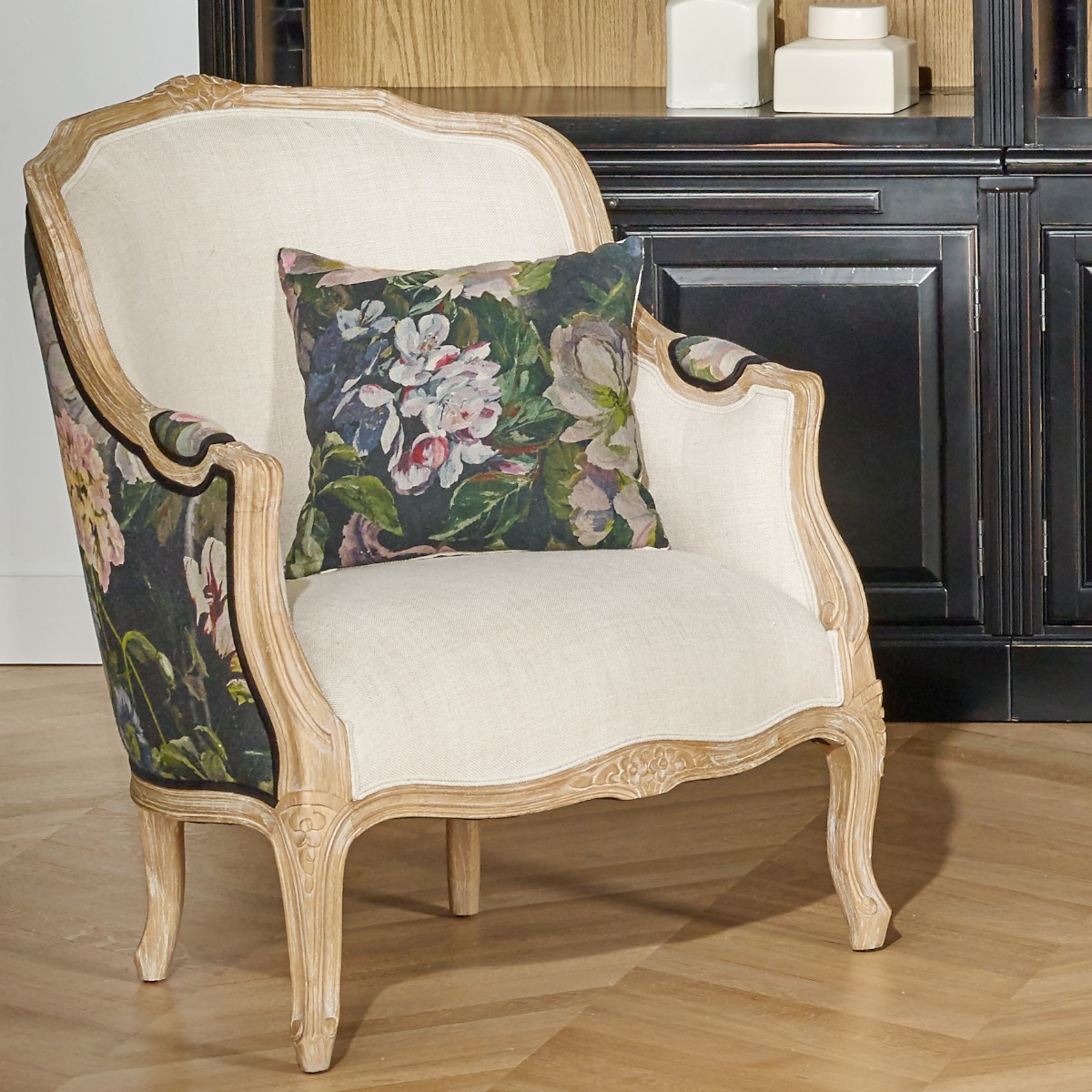 Fauteuil bergère lin et tissu imprimé VICTOR lin, ROBIN DES BOIS