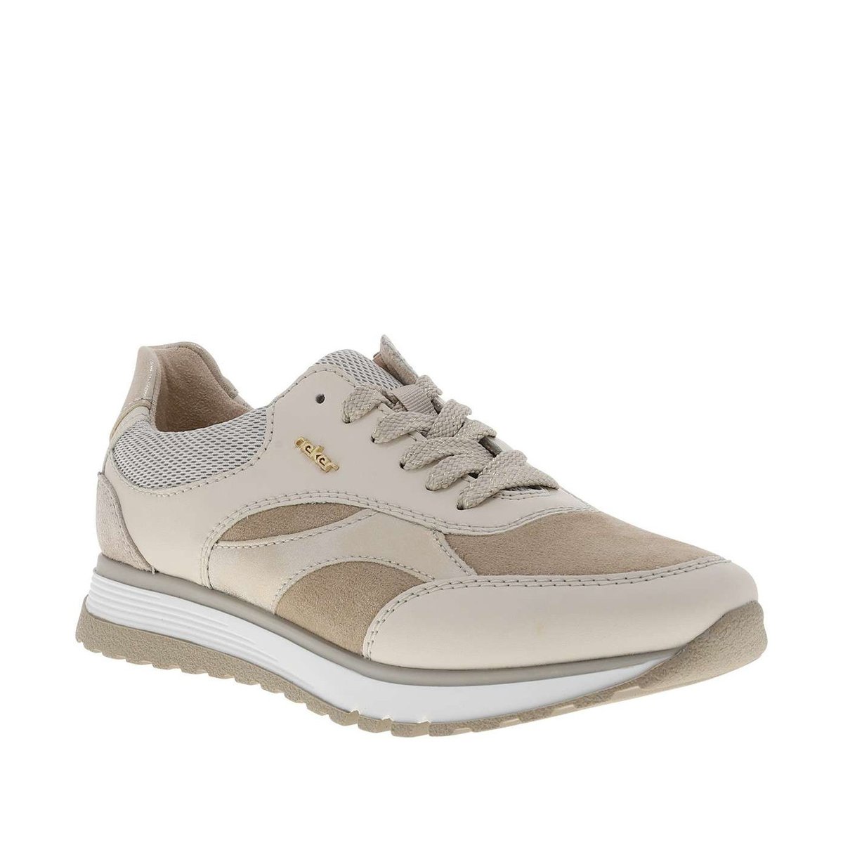 Baskets en cuir beiges à talon compensé bas avec des lacets et un zip latéral beige, RIEKER