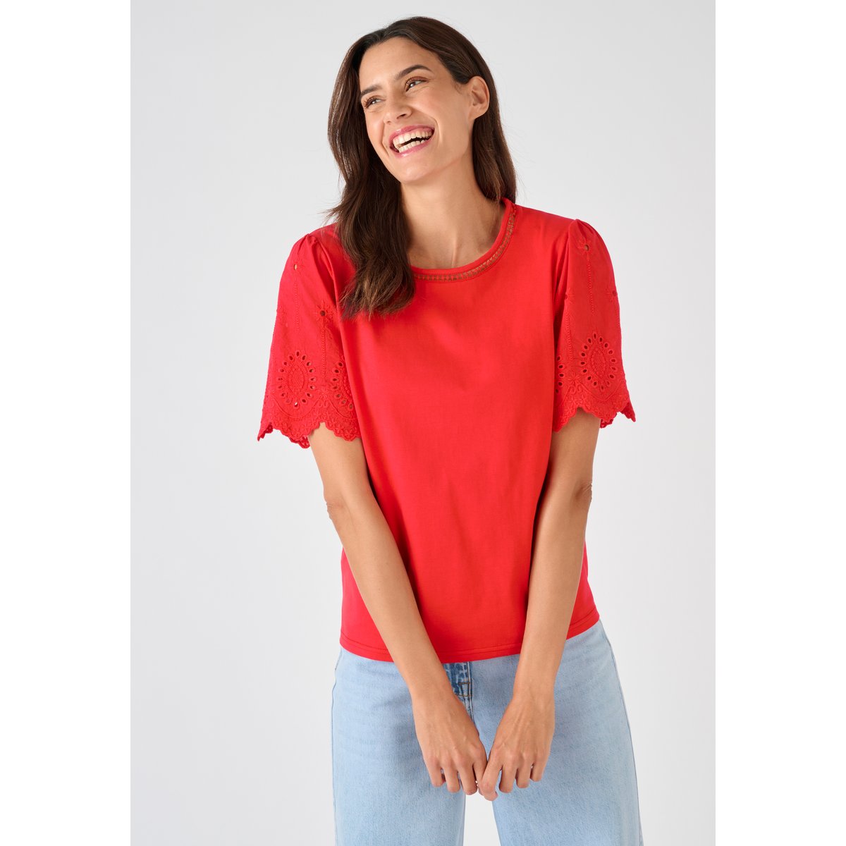 T-shirt pur coton manches brodées rouge, DAMART