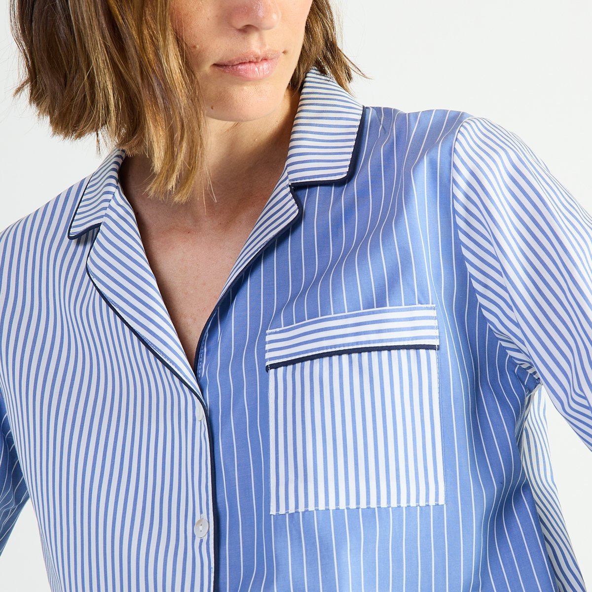 Pyjama col tailleur en popeline de coton ESSENTIEL FANTAISIE bleu, LAURENCE TAVERNIER