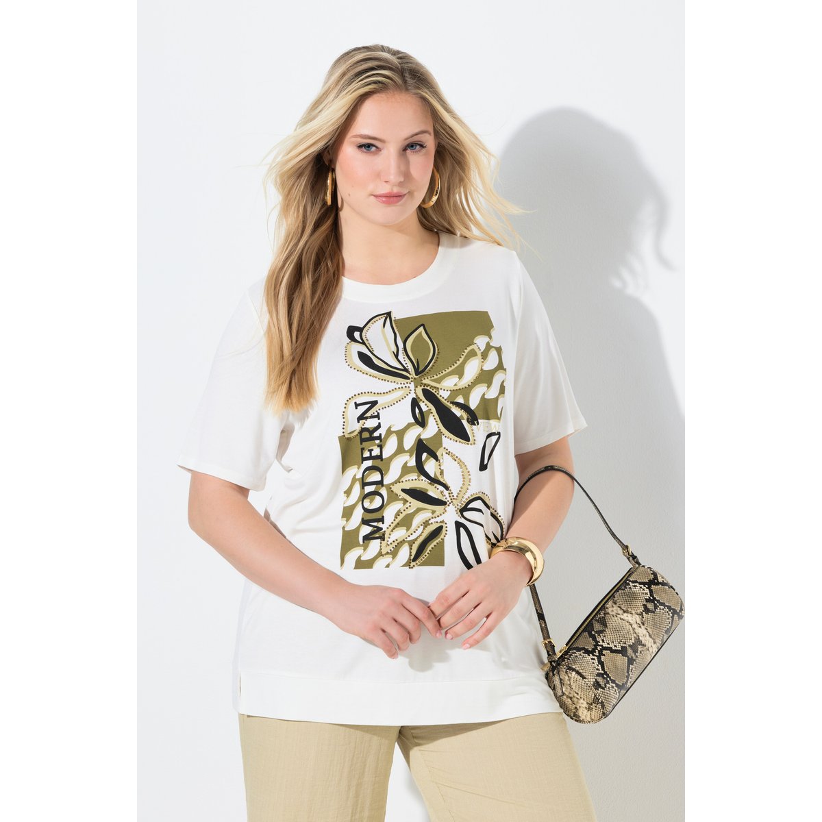 T-shirt motif floral et strass fantaisie blanc cassé, ULLA POPKEN