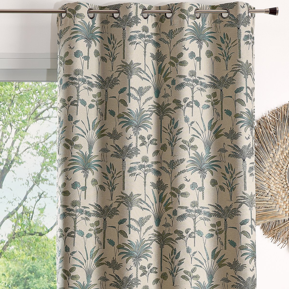 Rideau Jacquard exotique motif palmier - QABANE bleu, HOME MAISON
