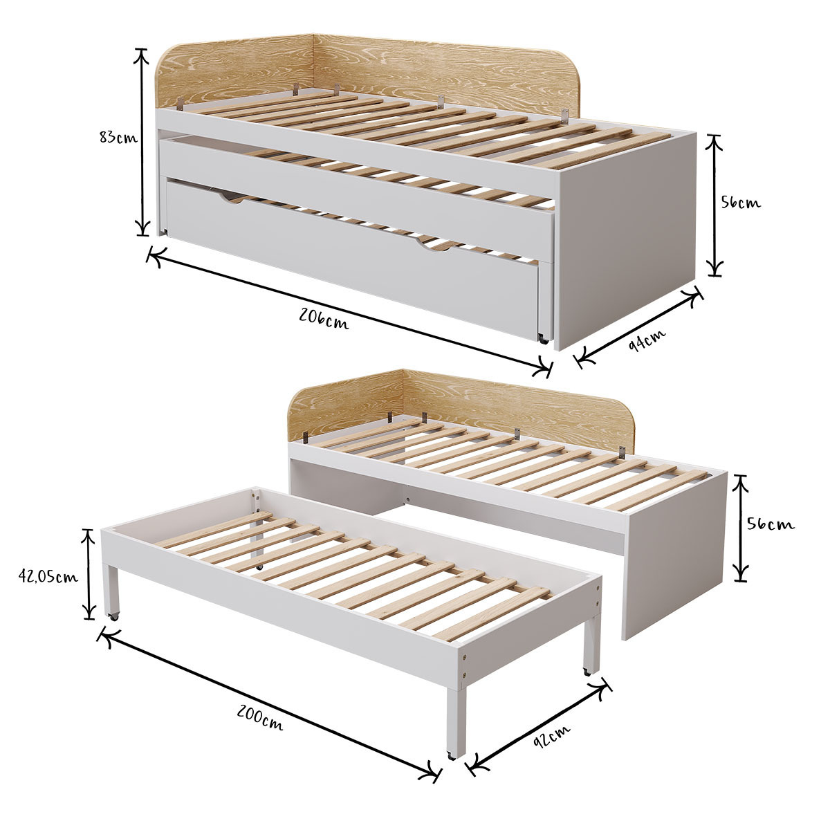Pack lit gigogne 3 places avec matelas Bois massif  NOHA blanc, AKITEN RETAIL