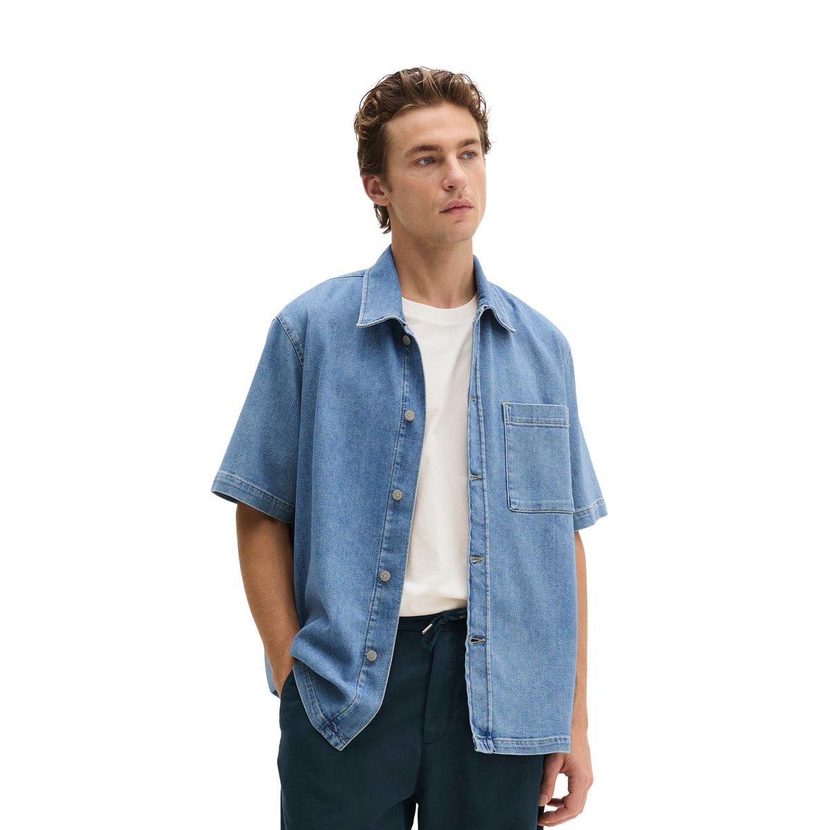 Chemise en jean à manches courtes regular en denim de coton bio léger bleu moyen, MARC O'POLO