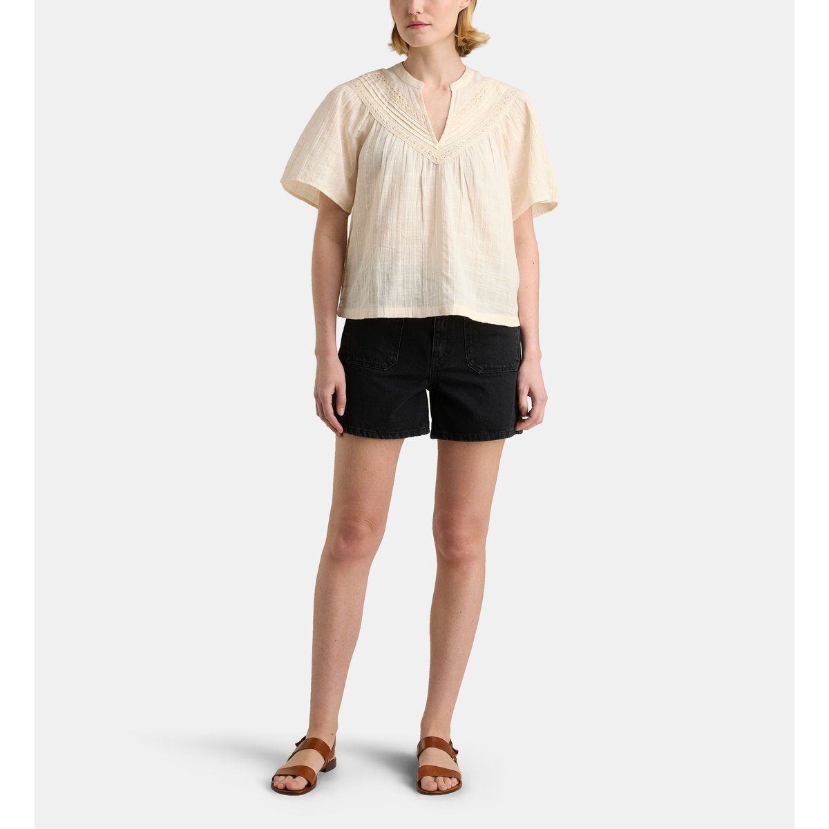 Top cascavel brodé en dobby de coton bio écru, GALERIES LAFAYETTE