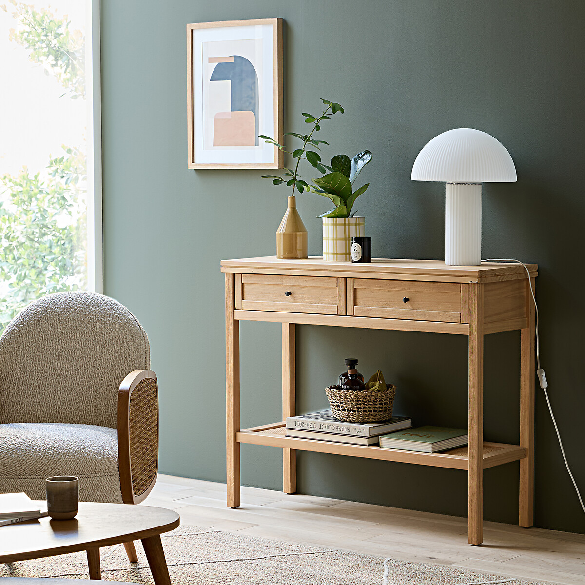 Console double plateau pin massif et cannage Gabin naturel, LA REDOUTE INTERIEURS