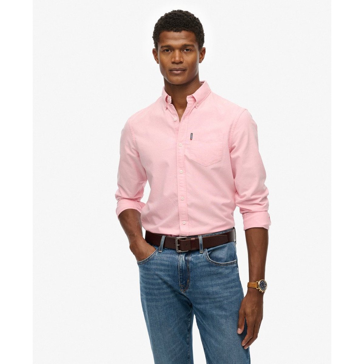 Chemise Oxford à manches longues Essentials pink city chambray oxford, SUPERDRY