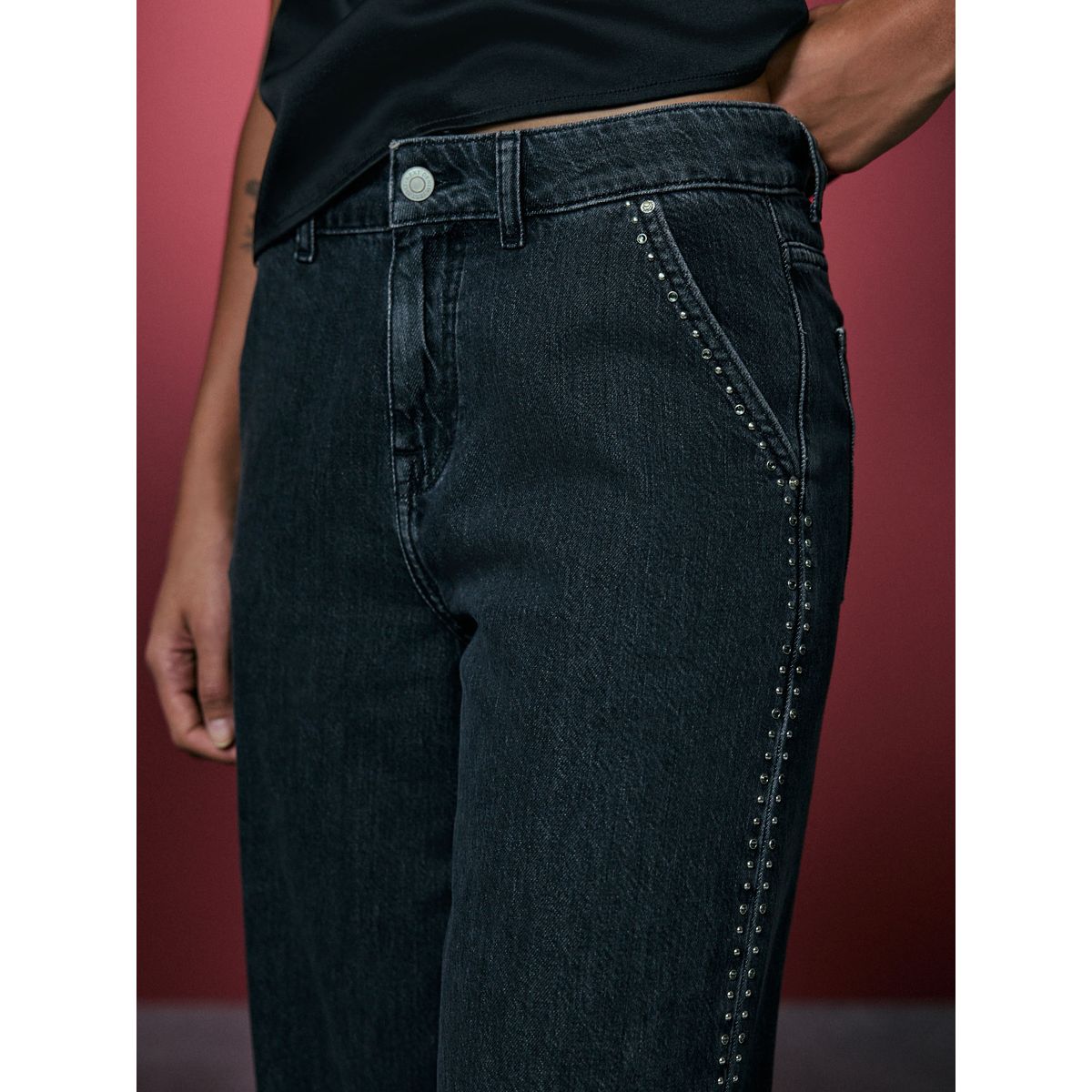 Jean large palazzo taille haute avec clous gris, NEXT