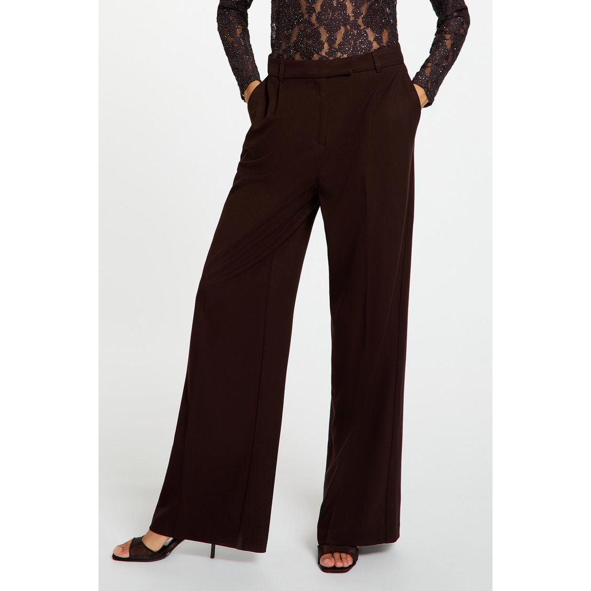 Pantalon large taille haute marron foncé, MORGAN