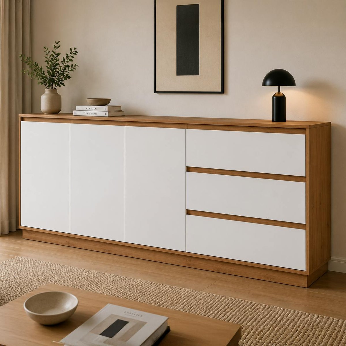 Buffet 3 portes 3 tiroirs décor bois et blanc ALVA blanc, PIER IMPORT
