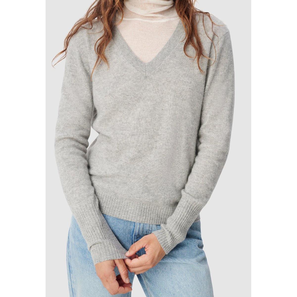 Pull col V tricot 100% cachemire gris, IKKS