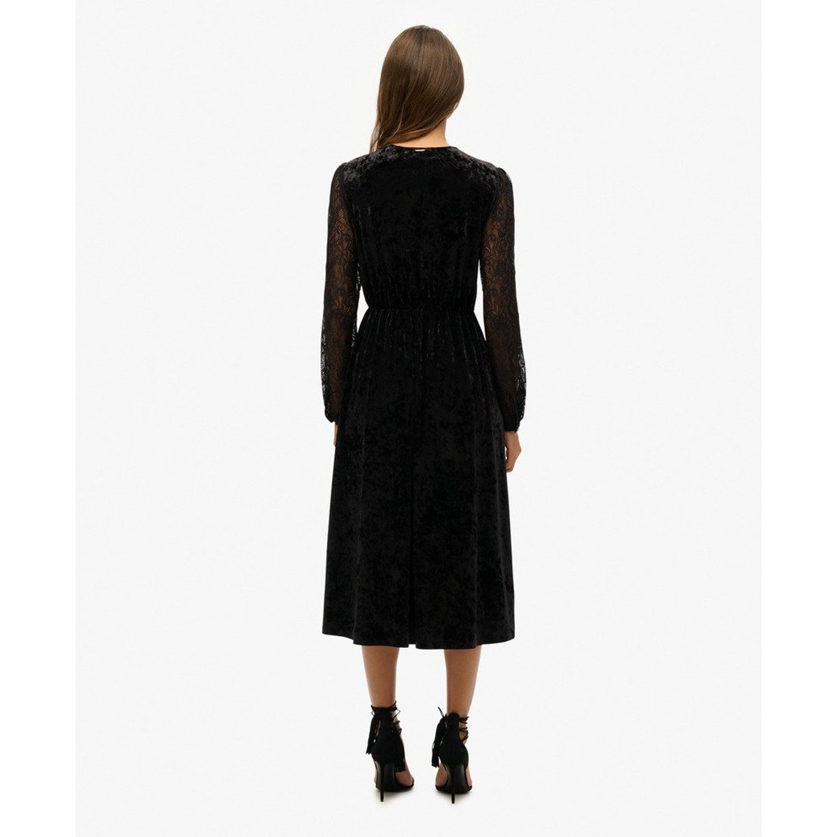 Robe mi-longue en velours à manches en dentelle noir, SUPERDRY