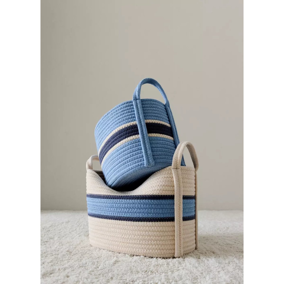 Panier coton avec anses taille moyenne bleu, MANGO HOME