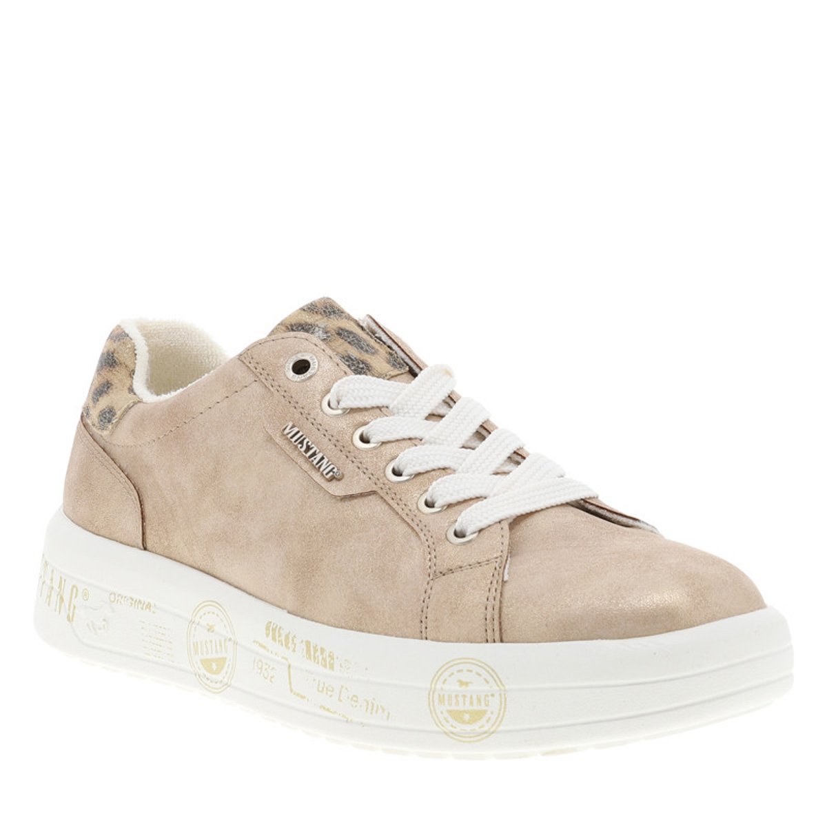 Sneakers sable à talon plat avec des motifs imprimés sur la semelle beige, MUSTANG